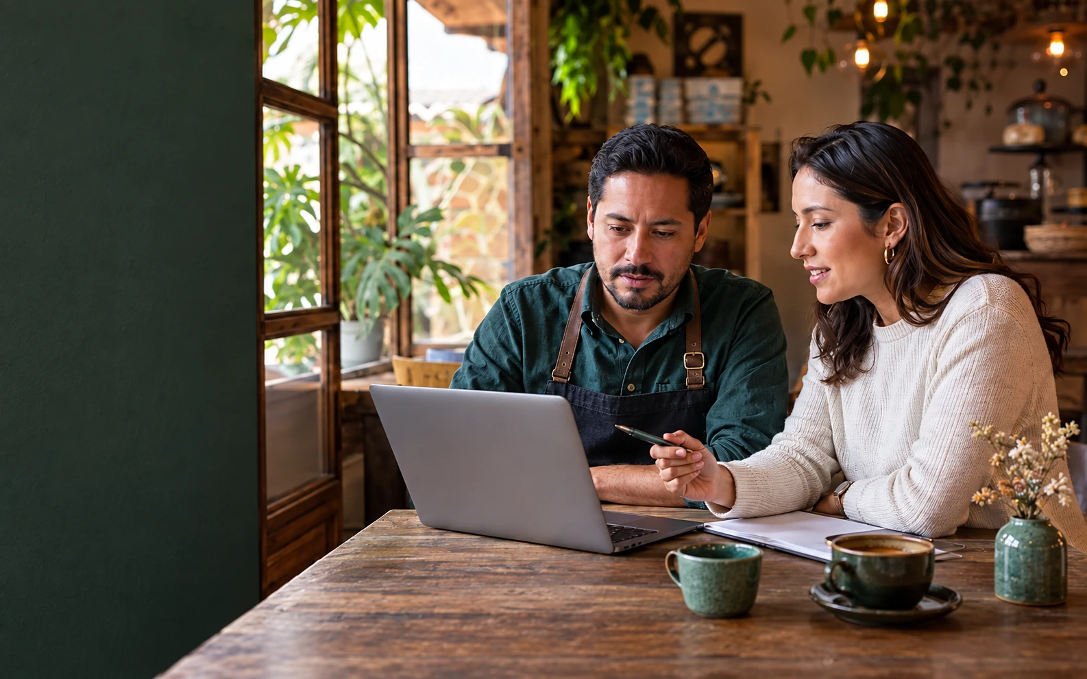 Dos personas colaboran en la presencia digital de un pequeño negocio