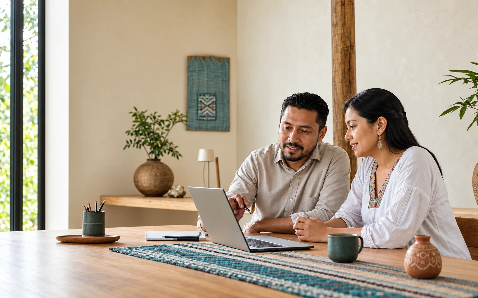 Dos personas revisan una propuesta digital en una mesa de trabajo
